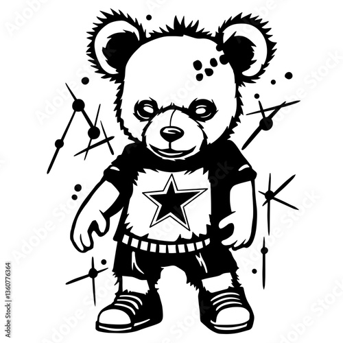 Edgy teddy bear in a star t-shirt with a grunge, urban style. Cool black and white vector