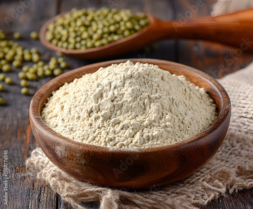 Mung beans flour in a bowl and grain in a spoon