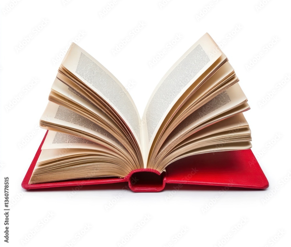 Open Red Book with Pages Turning Revealing Text on White Background Open Red Book with Pages Turning Revealing Text on White Background