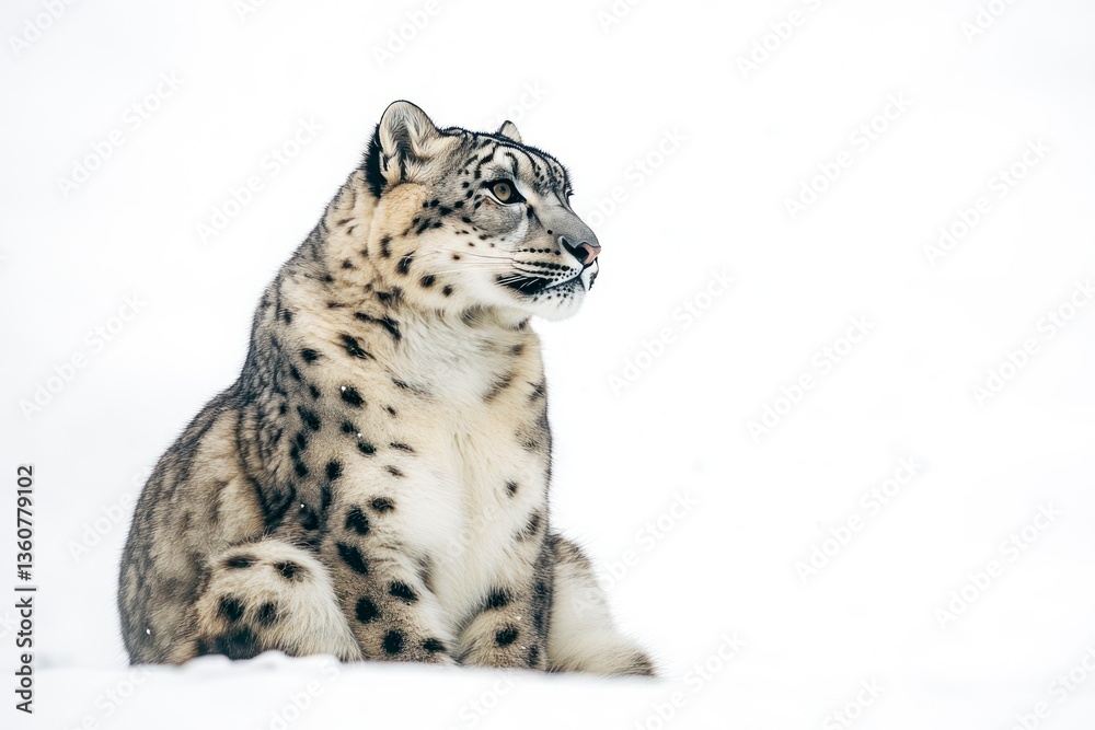 Naklejka premium Snow Leopard Sitting Calmly in Winter Setting Against White Background