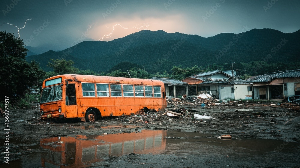 Aftermath scene of destroyed coastal town due to a hurricane storm.
