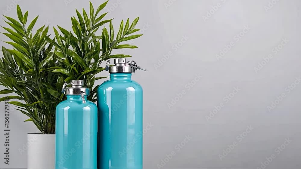 Two turquoise water bottles beside a potted plant against a minimalist gray background