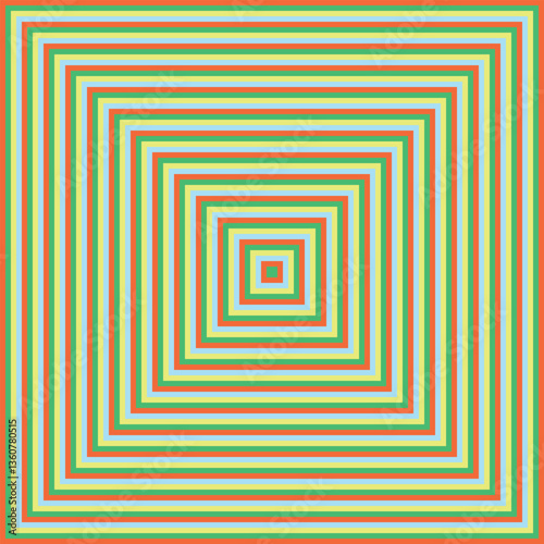 Visual effect created by orange, green, pale yellow and blue squares getting progressively smaller