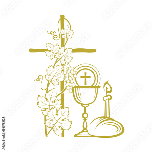 golden holy communion icon with chalice, grapes and bread isolated on white background