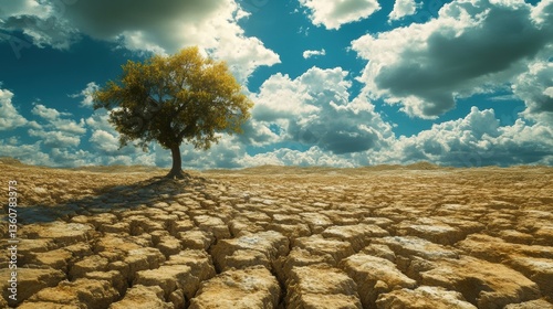 A tree in dry land. Drought. Desperate, sad. Concept.