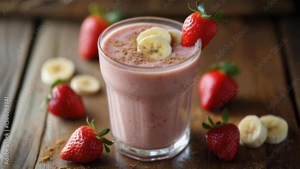 Delicious strawberry banana smoothie served in a glass on a wooden table Delicious strawberry banana smoothie served in a glass on a wooden table