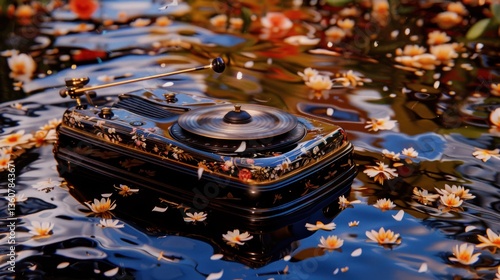 Vintage Record Player Floating on a PetalAdorned Pond Capturing a Serene and Artistic Scene w photo