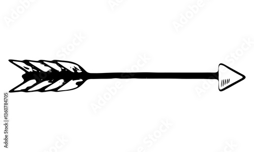 Simple black and white hand drawn arrow with feathered tail and sharp tip, isolated on transparent background. Perfect for design, decoration, or direction concepts. Vector