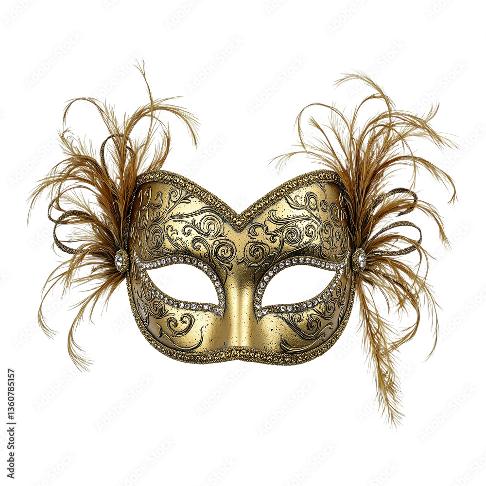 Fototapeta premium Luxurious gold masquerade mask adorned with metallic patterns shimmering crystals and elegant feathers for a sophisticated and extravagant appeal