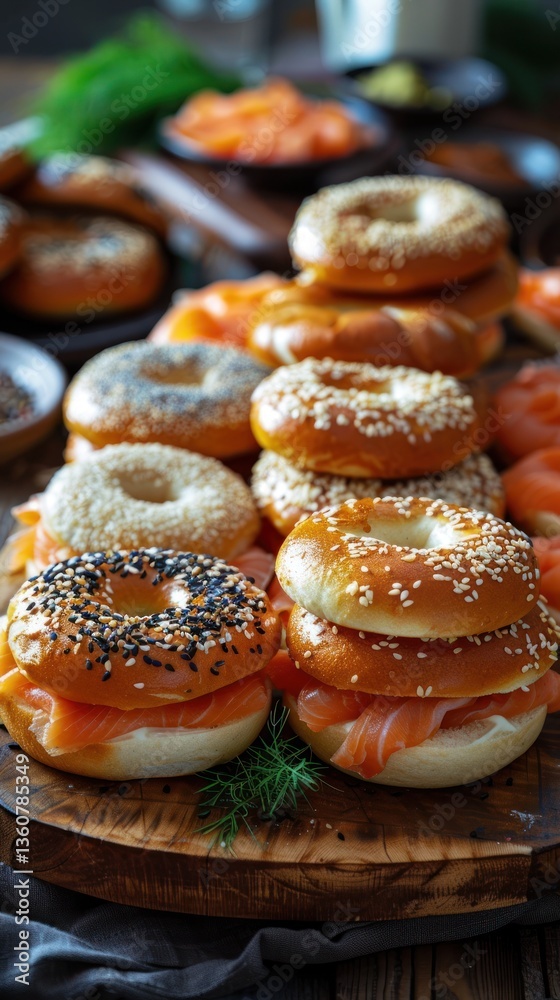 Smoked Salmon Bagels on Wooden Board, Party Buffet Smoked Salmon Bagels on Wooden Board, Party Buffet