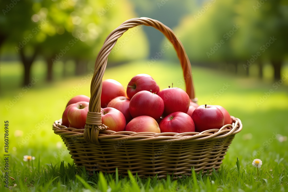 Ripe Apples in Wicker Basket in Orchard Ripe Apples in Wicker Basket in Orchard
