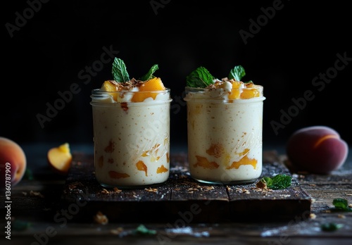 Creamy dessert in jars with fresh peaches, mint leaves, and a sprinkle of nuts on a rustic wooden surface, perfect for summer gatherings and events.