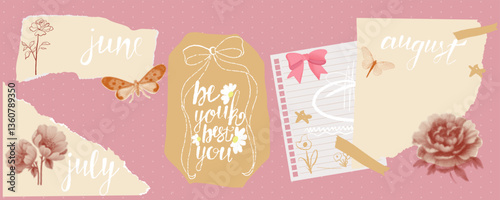 Trendy Summer Collage with hand-drawn florals, butterflies, motivational lettering, and Ripped Paper textures. Aesthetic Scrapbook Design with pastel colors and Vintage Retro Vibes.