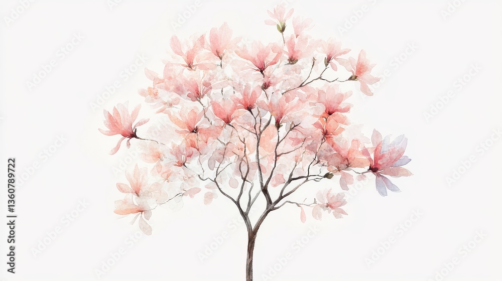 Obraz premium Delicate Pink Magnolia Tree Watercolor Painting Botanical Art Print Soft Pastel Floral Spring Blossom Nature Illustration Romantic Flower Design 