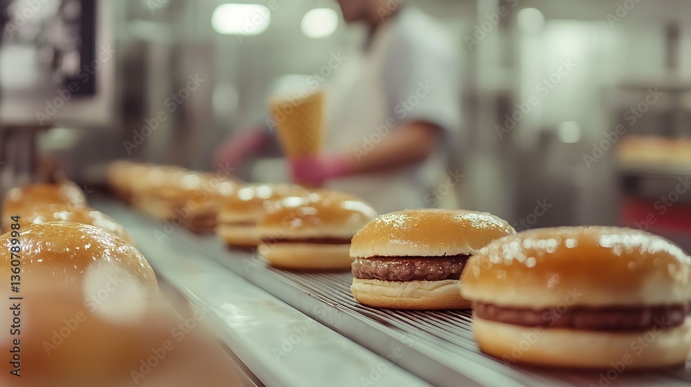 Naklejka premium Close-up of hamburger buns on a production line, showcasing meat-like texture. A blurred worker and machine convey a clean, modern food factory atmosphere. High-resolution image.