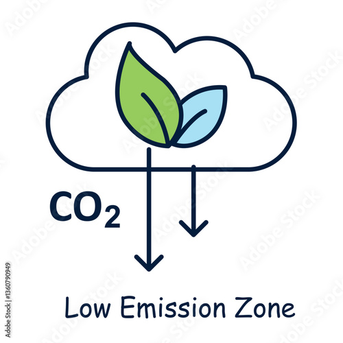  Vector icon for low emission zone. Features a CO2 cloud with downward arrows and leaves symbolizing reduced carbon emissions.