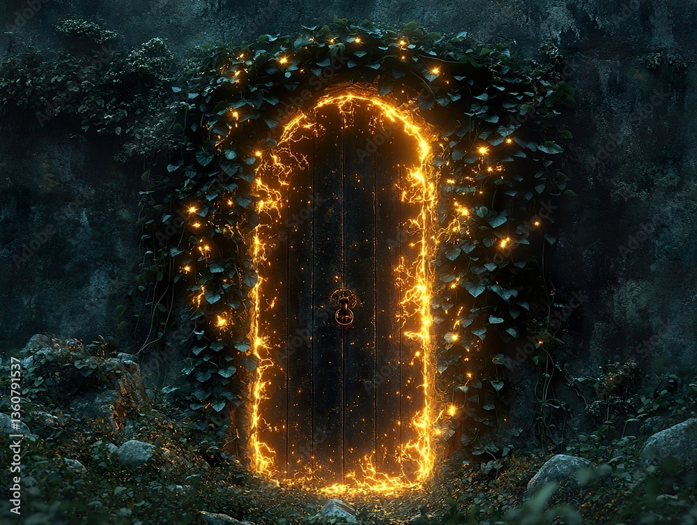 Fototapeta premium A vine-covered ancient door that glows with golden energy, its leaves shifting in an unknown rhythm, guarding a hidden world.
