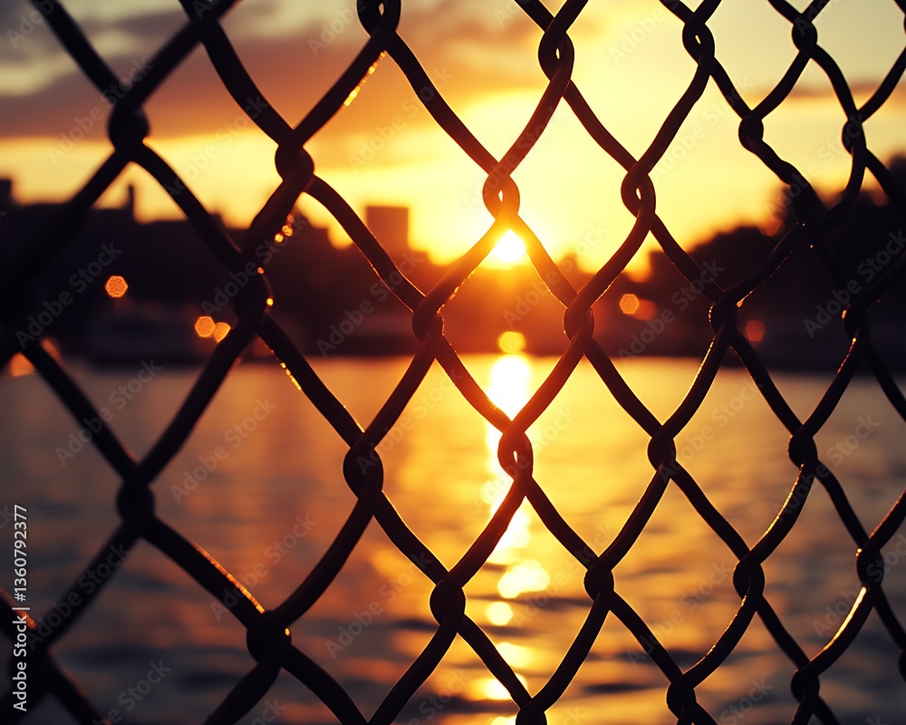 Fototapeta premium Golden sunset seen through a metal chain link fence gracefully