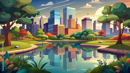 quiet urban oasis with a peaceful pond reflecting the surrounding trees and skyline
