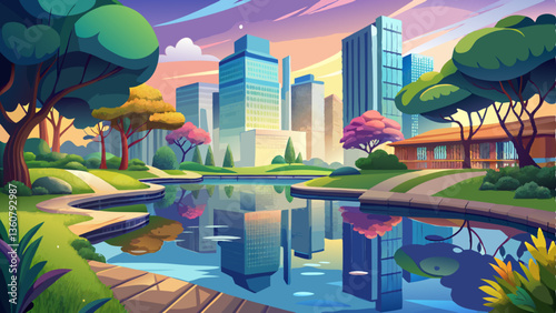 quiet urban oasis with a peaceful pond reflecting the surrounding trees and skyline