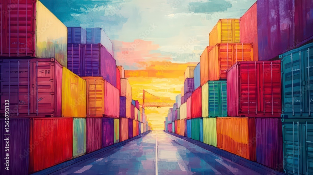 Fototapeta premium Colorful shipping containers stacked high in port at sunset. Rows of vibrant containers create vibrant pattern against evening sky. Road leads through container wall. Scene global trade, shipping