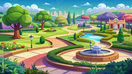 A picturesque park where paved walkways wind through manicured gardens and open green spaces.