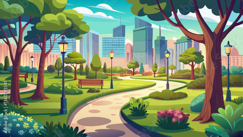 A tranquil city park where walking paths meander through patches of greenery and tall trees.