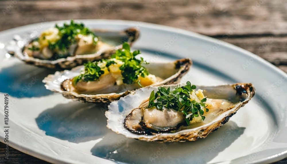 Freshly Grilled Oysters with Garlic Herb Butter Shot Sideways on White Plate in Bright Coastal Sunlight Glow Freshly Grilled Oysters with Garlic Herb Butter Shot Sideways on White Plate in Bright Coastal Sunlight Glow
