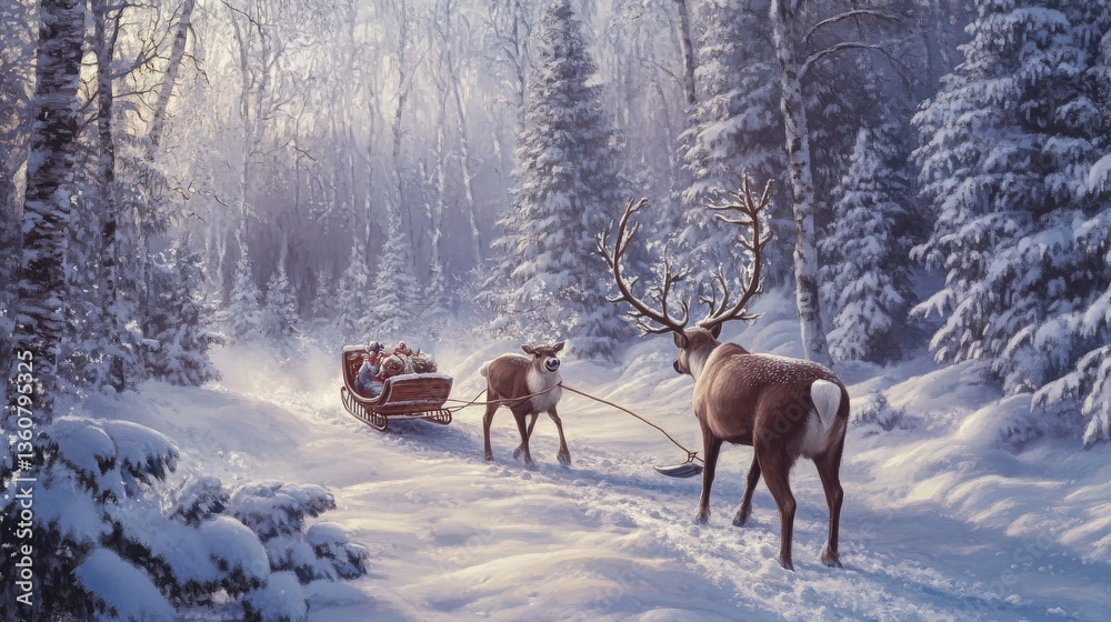 Obraz premium Reindeer pulling a sled through a snow covered forest path