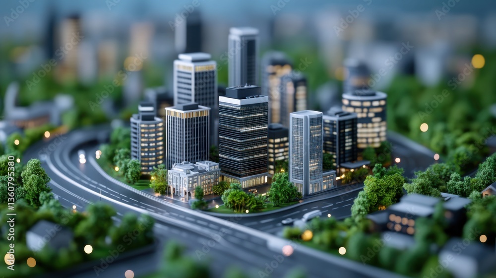 Fototapeta premium Miniature city model with skyscrapers, roads, greenery, and urban details in a vibrant cityscape setting