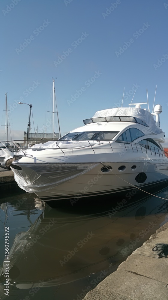 Fototapeta premium White yacht docked in harbor, sunny day, other boats visible