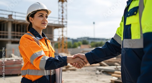 Construction workers handshake with site. (1)