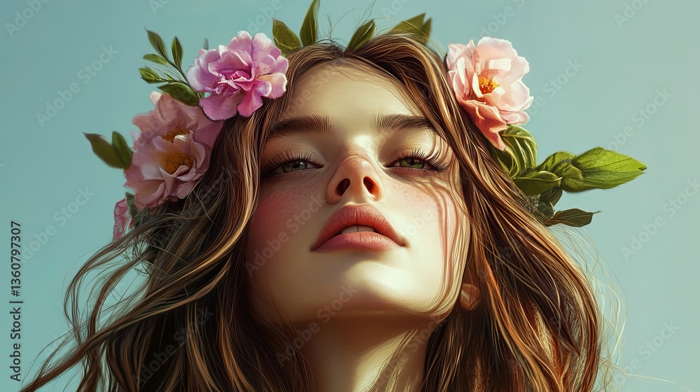 Naklejka premium Beautiful Woman Portrait Digital Art Painting Pretty Girl Floral Crown Long Brown Hair Feminine Elegant Soft Light Summer Aesthetic Dreamy Artistic 