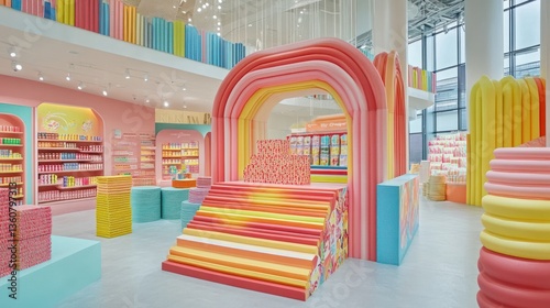 Fototapeta Naklejka Na Ścianę i Meble -  Pastel shop interior, rainbow arch, playful design, retail space