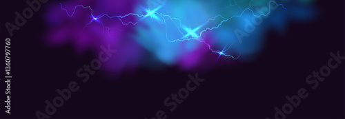 Powerful electrical current energy. Flash of lightning in a magic frame. Neon discharge in smoke effect.