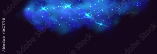 Powerful electrical current energy. Flash of lightning in a magic frame. Neon discharge in smoke effect.