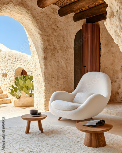 White armchair in sun-drenched stone courtyard