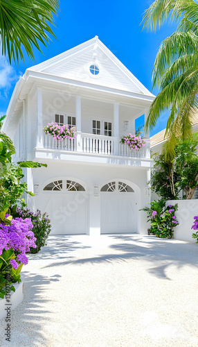 White house, tropical garden, sunny day, driveway