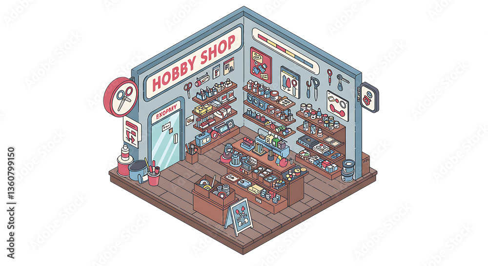 Obraz premium Isometric Hobby Shop Illustration Displaying Various Crafts and Supplies