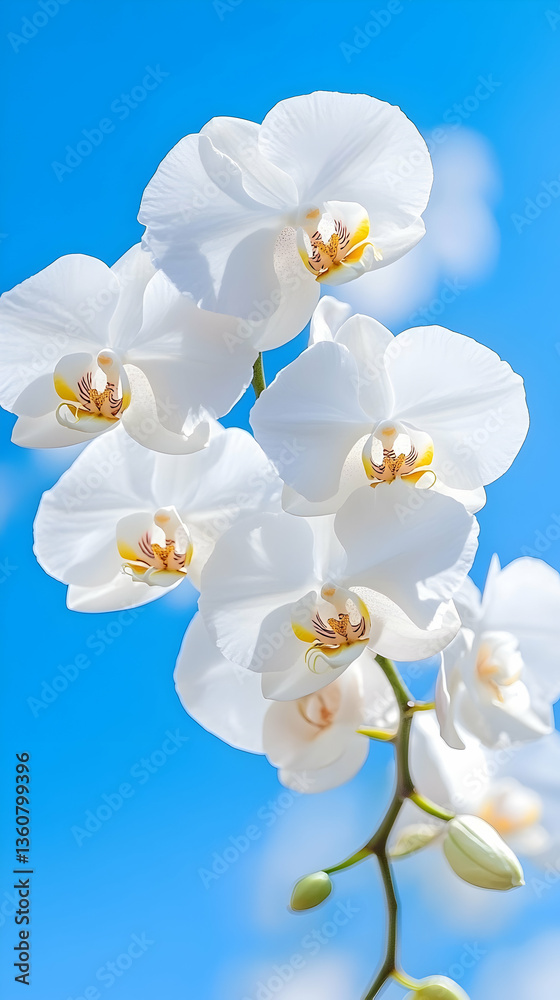 Obraz premium White orchids bloom against a vibrant blue sky
