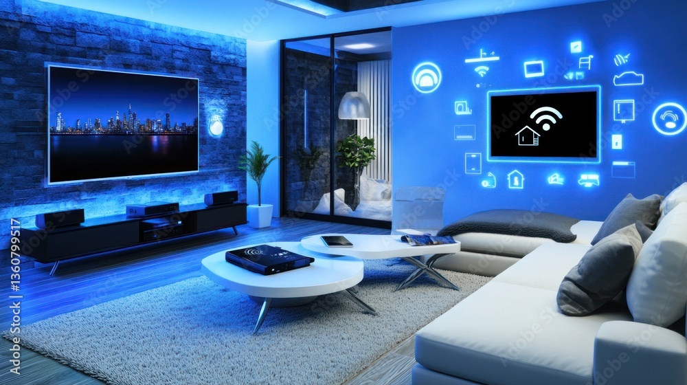 Smart home, night, city view, IoT control Smart home, night, city view, IoT control
