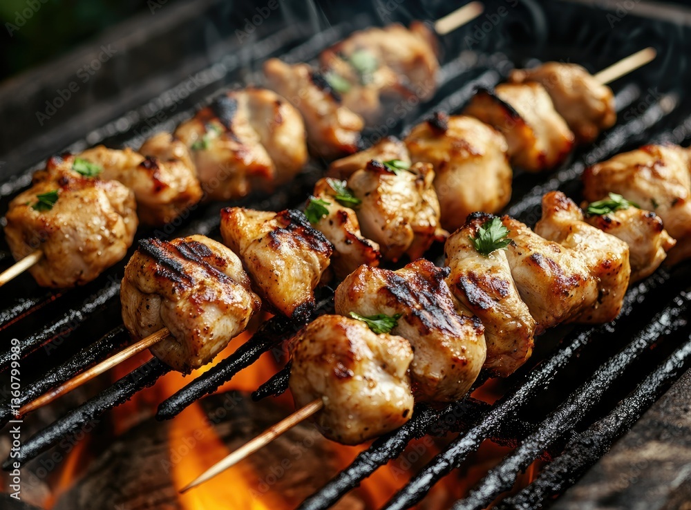 Grilling Chicken Skewers Over Open Flame with Herbs on Barbecue Grilling Chicken Skewers Over Open Flame with Herbs on Barbecue