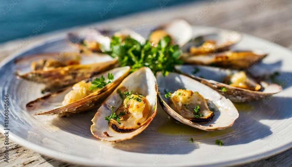 Freshly Grilled Clams with Garlic Butter Shot Sideways on White Plate in Bright Coastal Seafood Sunlight Freshly Grilled Clams with Garlic Butter Shot Sideways on White Plate in Bright Coastal Seafood Sunlight