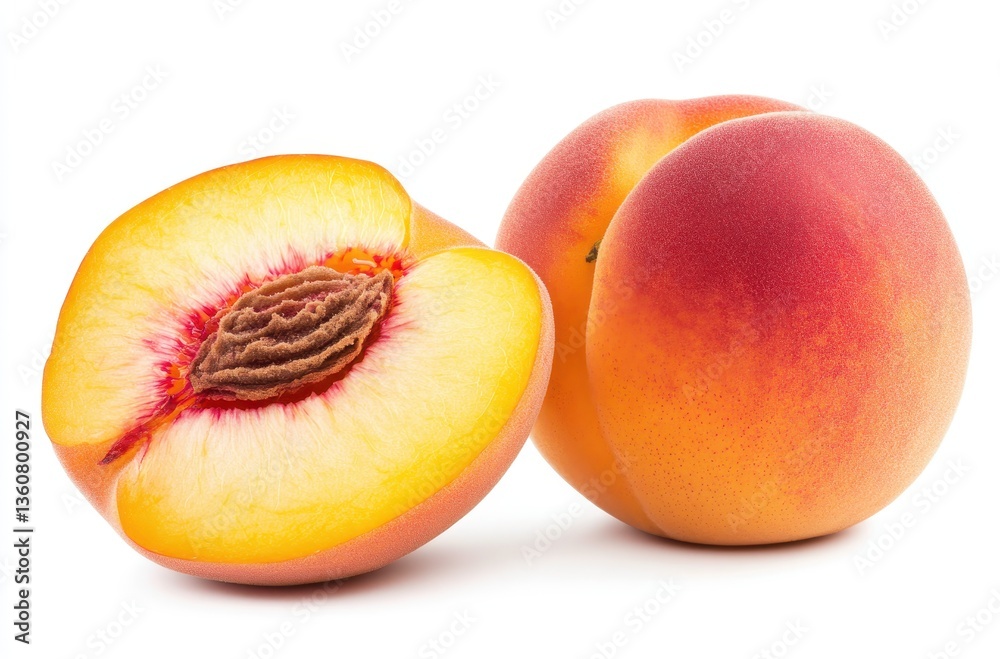 Fresh and Juicy Peach with Sliced Half Showing Stone, Vibrant Color and Texture on a White Background, Perfect for Healthy Eating and Summer Recipes Fresh and Juicy Peach with Sliced Half Showing Stone, Vibrant Color and Texture on a White Background, Perfect for Healthy Eating and Summer Recipes