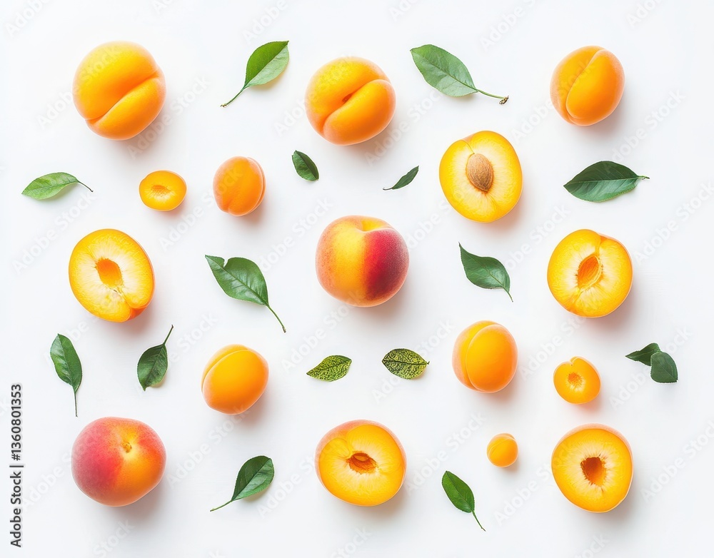 Fresh and Juicy Peaches and Apricots Arranged with Leaves on White Background for Healthy Lifestyle and Culinary Inspiration Fresh and Juicy Peaches and Apricots Arranged with Leaves on White Background for Healthy Lifestyle and Culinary Inspiration