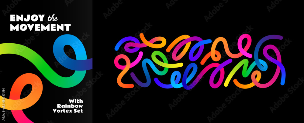 Fototapeta premium ОSet of Abstract Lines with Color Gradient. Vector Background with Rainbow Wave Shapes. Graphic Pattern of 3D Wavy Elements. Color Poster Design