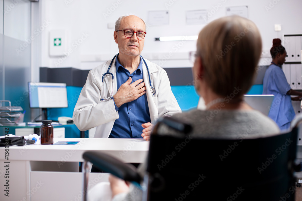 Senior physician provides guidance to retired woman about her health issues during clinic checkup. Old female wheelchair user talks to elderly male doctor, receiving advice during medical appointment. Senior physician provides guidance to retired woman about her health issues during clinic checkup. Old female wheelchair user talks to elderly male doctor, receiving advice during medical appointment.