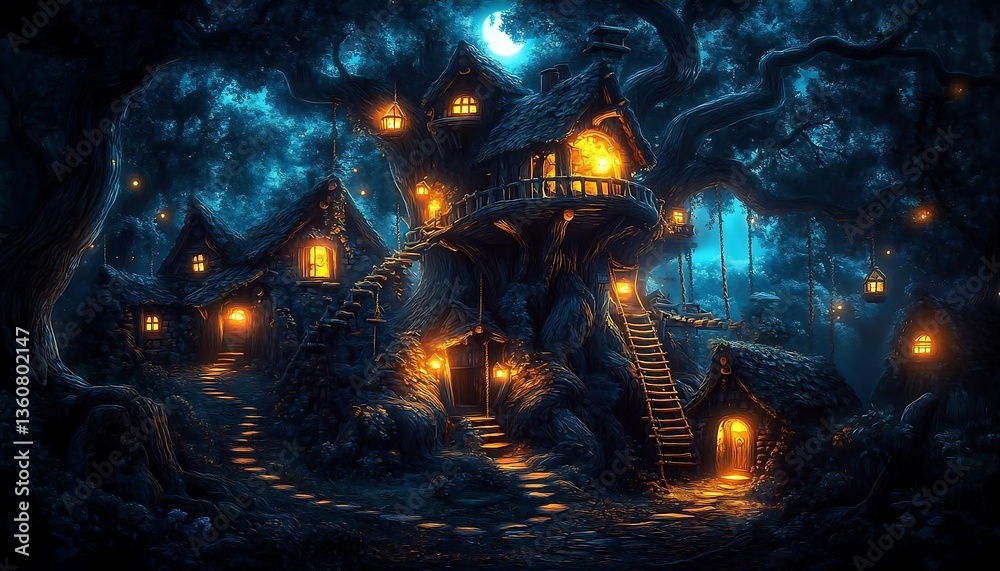 Obraz premium Enchanted Woodland Village Under Moonlight