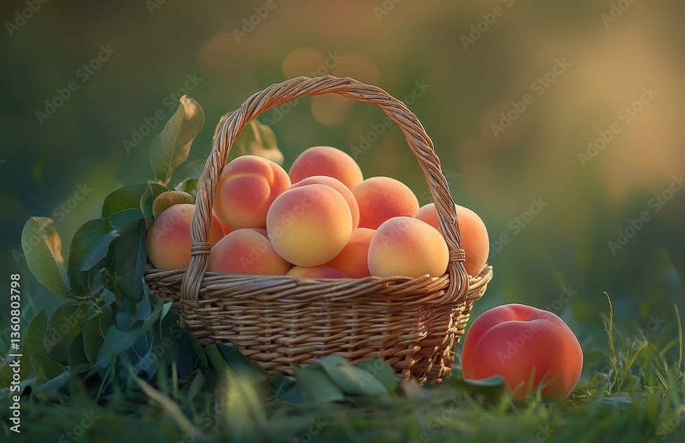 Fresh and Juicy Peaches Gathered in a Woven Basket Surrounded by Lush Green Grass and a Soft Natural Background of Summer Light Fresh and Juicy Peaches Gathered in a Woven Basket Surrounded by Lush Green Grass and a Soft Natural Background of Summer Light