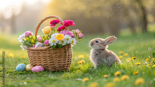 Adorable baby rabbit bunny eating vegetable sitting on green grass spring time over bokeh nature background. Cuddly furry white brown rabbit eat fresh vegetable at outdoor. Easter animal concept.